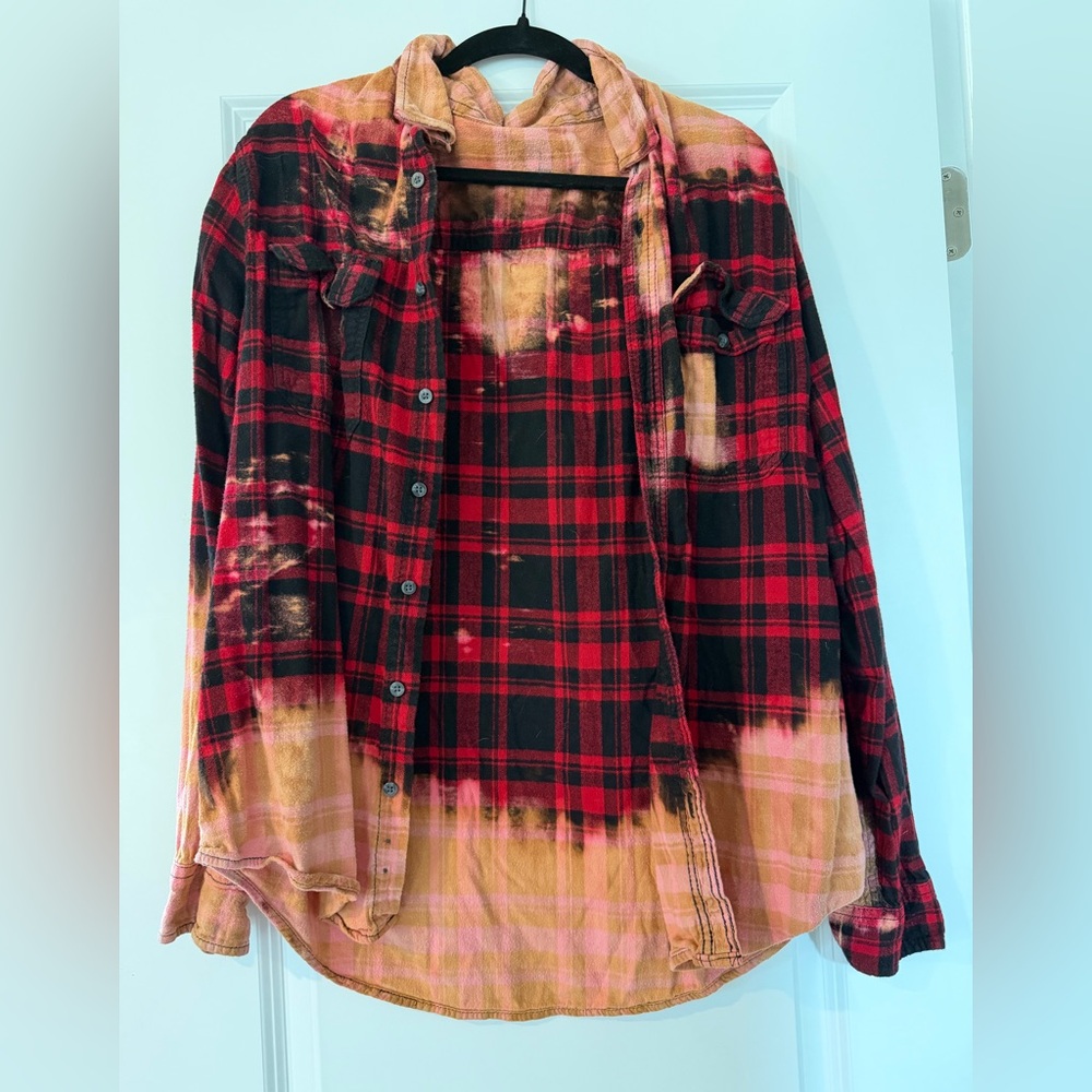 Bleached Red and Black Plaid Flannel Shirt